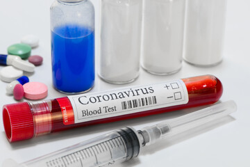COVID-19 laboratory test tube and laboratory sample of blood testing for diagnosis coronavirus infection medicines and pharmacology