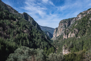 Fototapeta na wymiar Jabal Moussa nature park in Lebanon, view from the beginning of Chouwan Lake trail
