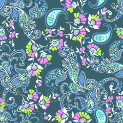 Cute Floral paisley design with neon pop flowers on a grey background - seamless background - 357048411