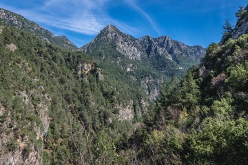 Valle of Abraham River near Chouwen Lake in Jabal Moussa nature park in Lebanon