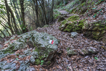 Marked trail to Chouwen Lake on the Abraham River in Jabal Moussa nature park in Lebanon