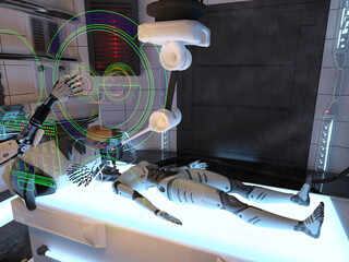 Artificial intelligence conquers everyday life, cyborg workshop, brain repair. 3d illustration.