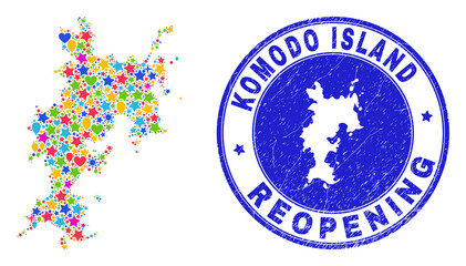Celebrating Komodo Island map collage and reopening corroded stamp seal. Vector collage Komodo Island map is formed of scattered stars, hearts, balloons.