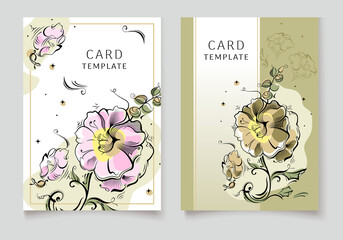 Greeting / invitation card template design, with hand drawn flowers on grey background.