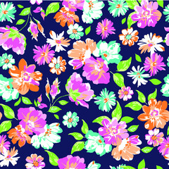 Colorful flower mix on navy - seamless vector background. Textile design