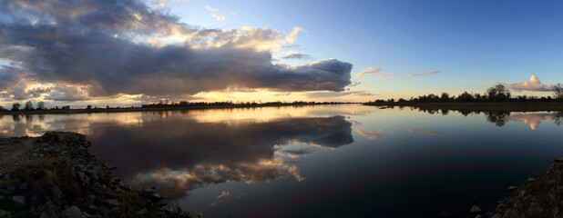Colorful sunset by the Odra River, Poland.