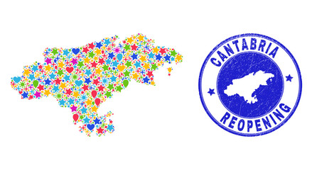 Obraz premium Celebrating Cantabria Province map mosaic and reopening rubber watermark. Vector mosaic Cantabria Province map is made with random stars, hearts, balloons.