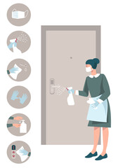 Maid with mask and gloves wash  door handle in hotel. Prevention measures during coronavirus COVID 19 in hotel-disinfect, wear mask, use sanitizer, gloves.New Normal.Vector