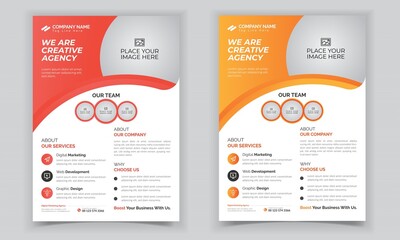 Marketing flyers, annual report, agency flyer for promotion business. Red and Yellow collor with nice gradient background. Attached Team member