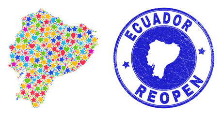 Celebrating Ecuador map mosaic and reopening rubber stamp seal. Vector collage Ecuador map is done with randomized stars, hearts, balloons. Rounded awry blue stamp imprint with unclean rubber texture.