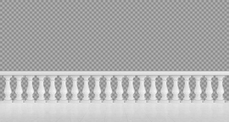 White marble balustrade on balcony, porch or terrace with tiled floor. Stone handrail in classic roman style isolated on transparent background. Vector realistic mockup with baroque railing