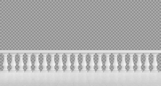 White marble balustrade on balcony, porch or terrace with tiled floor. Stone handrail in classic roman style isolated on transparent background. Vector realistic mockup with baroque railing