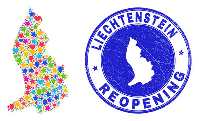 Celebrating Liechtenstein map mosaic and reopening dirty seal. Vector mosaic Liechtenstein map is composed of random stars, hearts, balloons. Rounded crooked blue seal with scratched rubber texture.