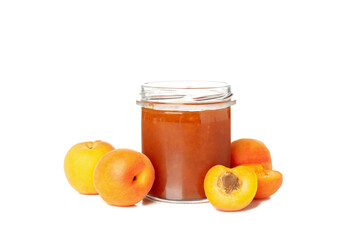 Glass jar with apricot jam isolated on white background