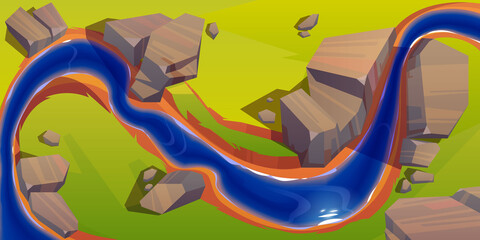 River top view, cartoon curve riverbed with dark blue water, reflection, rocks on coastline and green grass. Summer landscape, beautiful valley, scenic picturesque natural stream, vector illustration