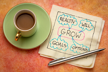 GROW (goals, reality, will and options) acronym - napkin doodle with a cup of coffee, business and personal development concept