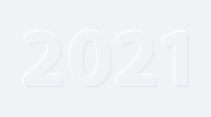 2021. Happy new year. Vector words. Bright white gradient neumorphic effect character type icon. Internet gray symbol isolated on a background.