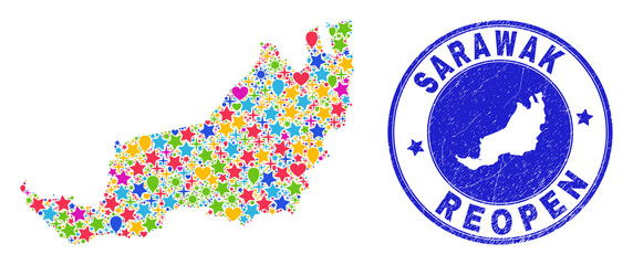 Celebrating Sarawak State map collage and reopening rubber stamp seal. Vector collage Sarawak State map is created with random stars, hearts, balloons.