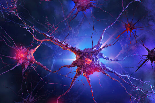 Medical illustration of human neuron cells neuroactivity: glowing brain link knots, neurotransmitters, axons, active nerve synapses with electrical chemical signals in abstract colorful space 3D image