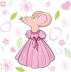 Dreamy, romantic mouse, rat in a magnificent pink dress. Background hearts and flowers. Hand-drawn illustration, cartoon character. Isolated design element. Vector illustration.