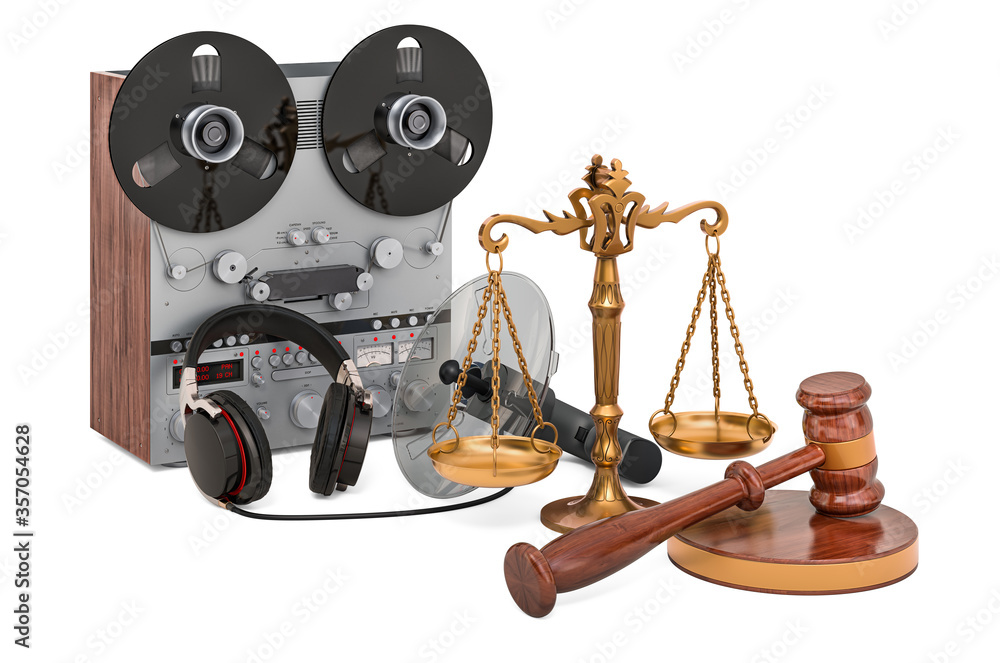Poster covert listening device with wooden gavel and scales of justice. 3d rendering