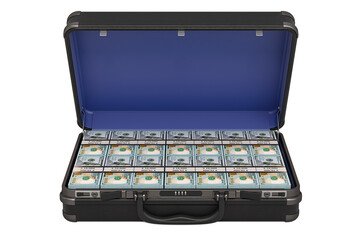 Open hard case full of dollar packs, 3D rendering