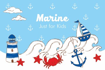 Marine collage with a lighthouse, anchor, ship, crab, starfish, waves and clouds, hand-drawn.