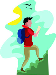 Tourist hiker boy simple vector in mountains