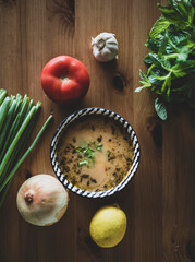 Fototapeta na wymiar Tarhana soup with organic vegetables