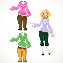 girl in breeches and warm sweater varicolored