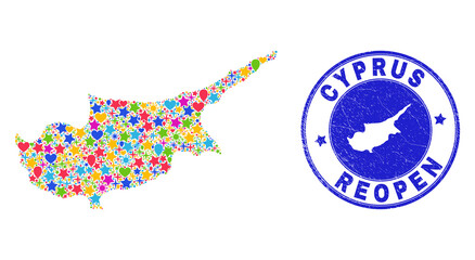 Celebrating Cyprus map mosaic and reopening rubber seal. Vector mosaic Cyprus map is created from randomized stars, hearts, balloons. Rounded awry blue seal with scratched rubber texture.