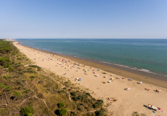 Free wild beach of north Adriatic sea in Italy with social distancing from drone view. Brussa beach

