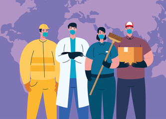 people with uniforms workermasks and world map design of Coronavirus 2019 nCov workers theme Vector illustration