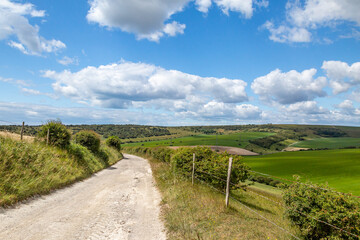 Fototapeta na wymiar A footpath in the South Downs in Sussex, with a blue sky overhead