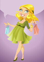 Pretty pregnant woman with shopping bags and speech bubble