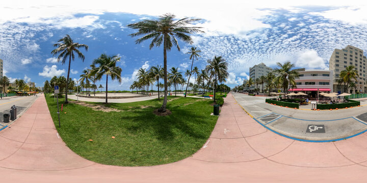 360 equirectangular photo Miami Beach Ocean Drive Florida USA reopening during Coronavirus Covid 19 pandemic