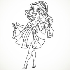 Pretty pregnant shopping woman in black outline for coloring