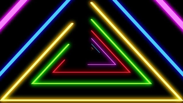 Abstract background with neon lights triangles, looped animation. Colored bright lines at black background