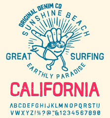 Original vintage Denim print  for t-shirt or apparel. Old school vector graphic for fashion and printing. Hand drawn  calligraphy typeface. California beach.