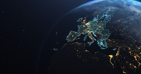 Planet Earth from Space European Union Countries highlighted teal glow, 2020 political borders and counties, city lights, 3d illustration, elements of this image courtesy of NASA - obrazy, fototapety, plakaty
