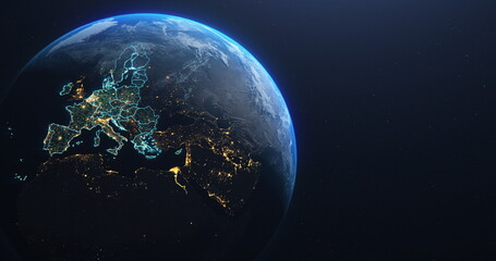 Planet Earth from Space European Union Countries highlighted teal glow, 2020 political borders and counties, city lights, 3d illustration, elements of this image courtesy of NASA