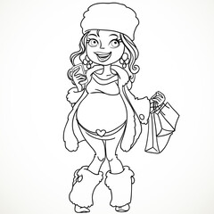 pregnant woman in winter wear  in black outline for coloring