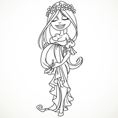 Dreaming pregnant woman in long dress in black outline for coloring