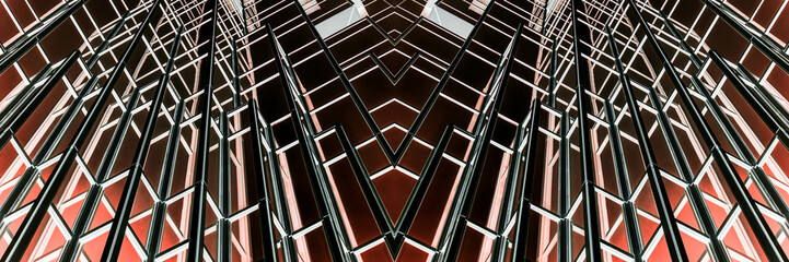 underside panoramic and perspective view to steel glass high rise building skyscrapers, business concept of successful industrial architecture
