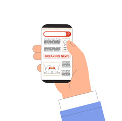 Hand holds a phone, on screen is breaking news. Internet media concept. Flat style vector illustration.