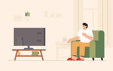 Man sitting on sofa watching tv news at home in cozy room. Shock content, negative news. Flat style vector illustrataion.