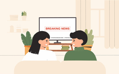 Young couple sitting on sofa watching tv news at home in cozy room. Shock content, negative news. Flat style vector illustrataion.