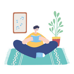 stay at home, young man reading book sitting on floor, self isolation, activities in quarantine for coronavirus