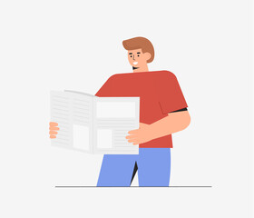 Young happy man reads positive news in a newspaper. Flat style vector illustrataion.