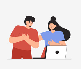 Young couple man and woman read and watch bad news in internet on laptop. Flat style vector illustrataion.